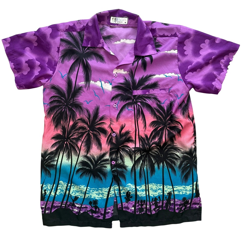 VHO Mens Hawaiian Shirt Purple Palm Tree Sunset Tropical Button Up Size M